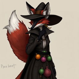 A slender, medium-height anthropomorphic vixen with the distinctive reddish and white fur of a fox, dressed in the traditional plague doctor's attire