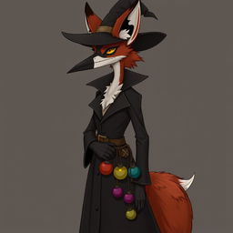 A slender, medium-height anthropomorphic vixen with the distinctive reddish and white fur of a fox, dressed in the traditional plague doctor's attire