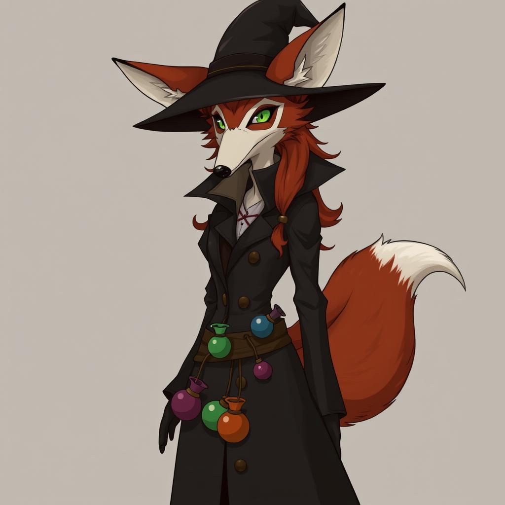 A slender, medium-height anthropomorphic vixen with the distinctive reddish and white fur of a fox, dressed in the traditional plague doctor's attire