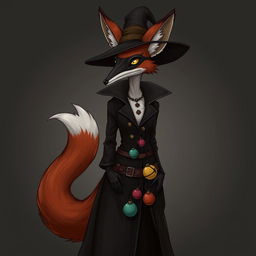 A slender, medium-height anthropomorphic vixen with the distinctive reddish and white fur of a fox, dressed in the traditional plague doctor's attire