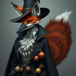 Create a photorealistic image of a slender, medium-height anthropomorphic vixen with reddish and white fur, dressed in traditional plague doctor's attire