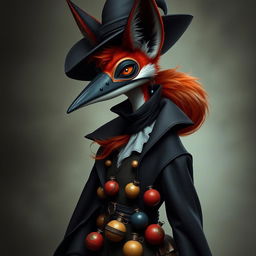 Create a photorealistic image of a slender, medium-height anthropomorphic vixen with reddish and white fur, dressed in traditional plague doctor's attire