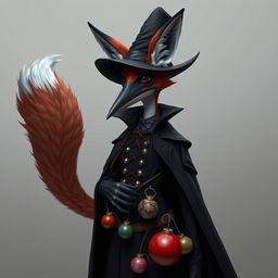 Create a photorealistic image of a slender, medium-height anthropomorphic vixen with reddish and white fur, dressed in traditional plague doctor's attire