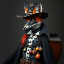 Create a photorealistic image of a slender, medium-height anthropomorphic vixen with reddish and white fur, dressed in traditional plague doctor's attire