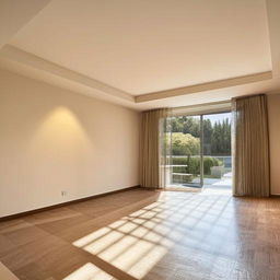 A spacious room of 10x25 feet, immaculately arranged with contemporary furniture and decor, basked in natural sunlight filtering through large windows.