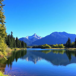 A serene landscape featuring a calm lake surrounded by lush trees and mountains in the background under a clear blue sky