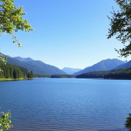 A serene landscape featuring a calm lake surrounded by lush trees and mountains in the background under a clear blue sky