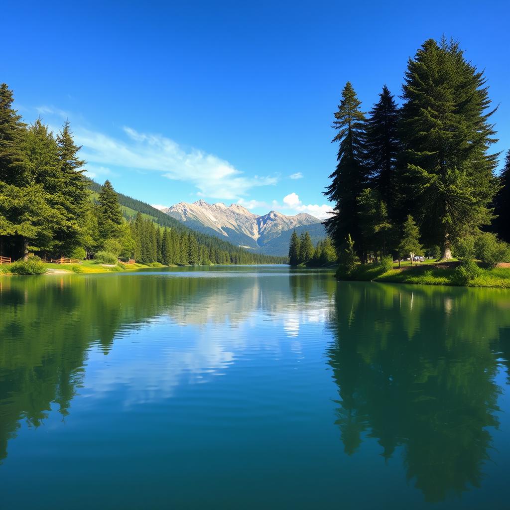 A serene landscape featuring a calm lake surrounded by lush trees and mountains in the background under a clear blue sky