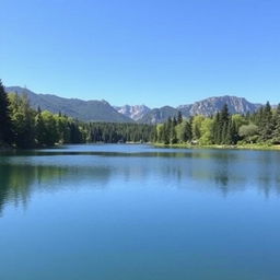 A serene landscape featuring a calm lake surrounded by lush trees and mountains in the background under a clear blue sky