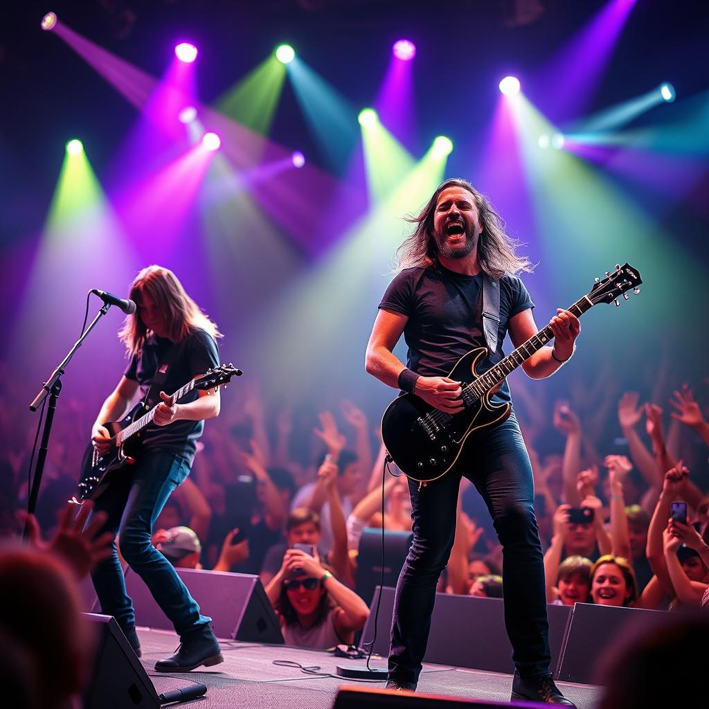 A dynamic and energetic image of the Foo Fighters performing on stage, with vibrant lighting and a lively audience