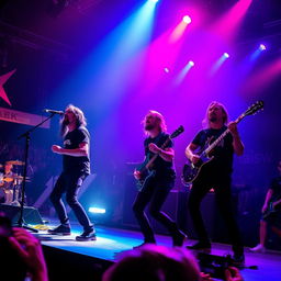 A dynamic and energetic image of the Foo Fighters performing on stage, with vibrant lighting and a lively audience