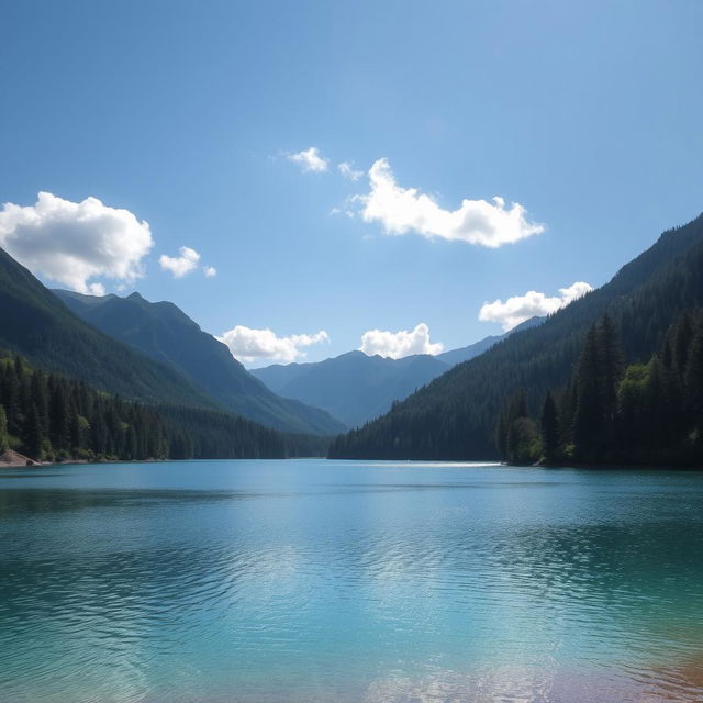 A beautiful landscape featuring a serene lake surrounded by lush forests and mountains in the background