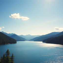 A beautiful landscape featuring a serene lake surrounded by lush forests and mountains in the background