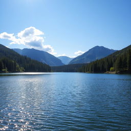 A beautiful landscape featuring a serene lake surrounded by lush forests and mountains in the background