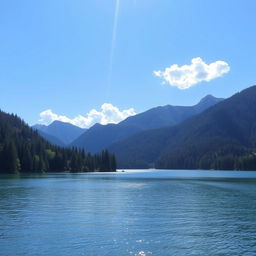 A beautiful landscape featuring a serene lake surrounded by lush forests and mountains in the background