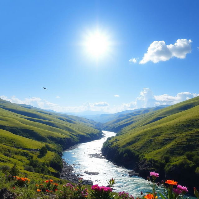 A serene landscape featuring a clear blue sky, rolling green hills, and a sparkling river running through the valley