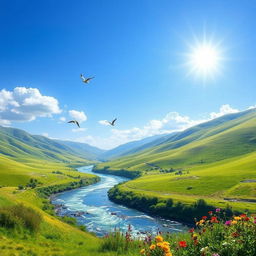 A serene landscape featuring a clear blue sky, rolling green hills, and a sparkling river running through the valley