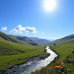 A serene landscape featuring a clear blue sky, rolling green hills, and a sparkling river running through the valley