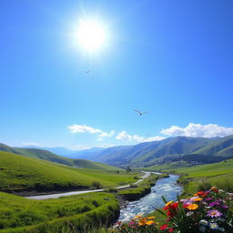 A serene landscape featuring a clear blue sky, rolling green hills, and a sparkling river running through the valley