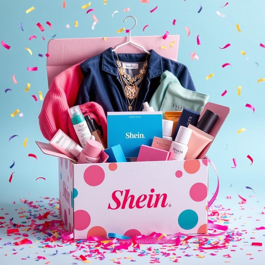 A vibrant and colorful image of a surprise box from Shein, filled with trendy clothing items, accessories, and beauty products