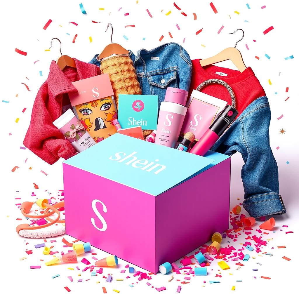 A vibrant and colorful image of a surprise box from Shein, filled with trendy clothing items, accessories, and beauty products