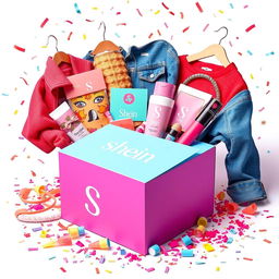 A vibrant and colorful image of a surprise box from Shein, filled with trendy clothing items, accessories, and beauty products