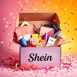 A vibrant and colorful image of a surprise box from Shein, filled with trendy clothing items, accessories, and beauty products