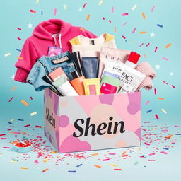 A vibrant and colorful image of a surprise box from Shein, filled with trendy clothing items, accessories, and beauty products