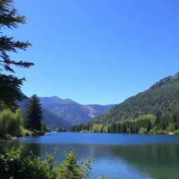 A beautiful landscape featuring a serene lake surrounded by lush green trees and mountains in the background under a clear blue sky