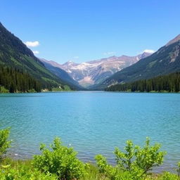 A beautiful landscape featuring a serene lake surrounded by lush green trees and mountains in the background under a clear blue sky