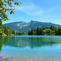 A beautiful landscape featuring a serene lake surrounded by lush green trees and mountains in the background under a clear blue sky