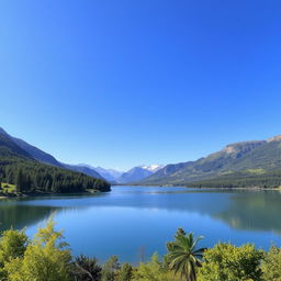 A beautiful landscape featuring a serene lake surrounded by lush green trees and mountains in the background under a clear blue sky