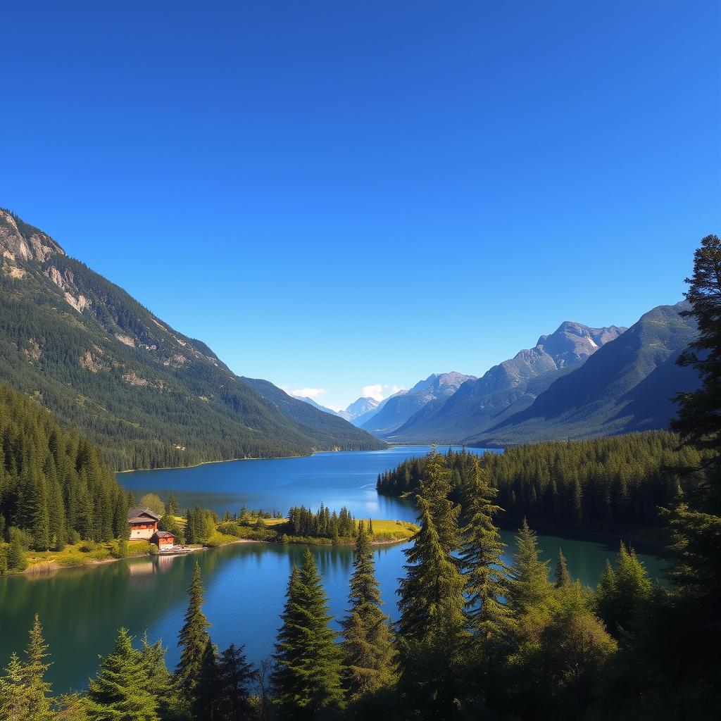 A beautiful landscape featuring a serene lake surrounded by lush green forests and majestic mountains in the background under a clear blue sky