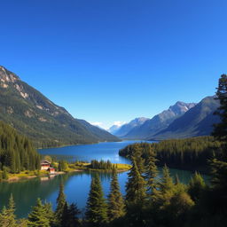 A beautiful landscape featuring a serene lake surrounded by lush green forests and majestic mountains in the background under a clear blue sky