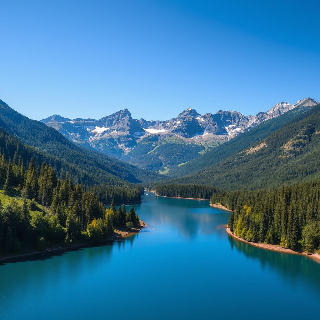 A beautiful landscape featuring a serene lake surrounded by lush green forests and majestic mountains in the background under a clear blue sky