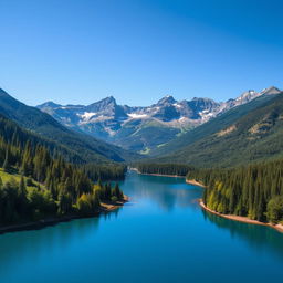 A beautiful landscape featuring a serene lake surrounded by lush green forests and majestic mountains in the background under a clear blue sky