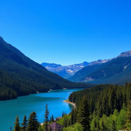 A beautiful landscape featuring a serene lake surrounded by lush green forests and majestic mountains in the background under a clear blue sky