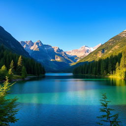 A beautiful landscape featuring a serene lake surrounded by lush green forests and majestic mountains in the background under a clear blue sky