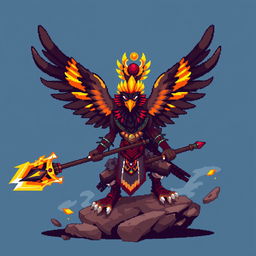 A fusion between Huitzilopochtli, the Mexica god of war, and a Tengu, the winged creature from Japanese mythology