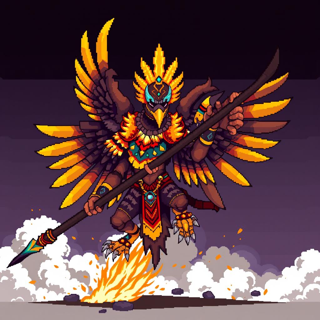 A fusion between Huitzilopochtli, the Mexica god of war, and a Tengu, the winged creature from Japanese mythology