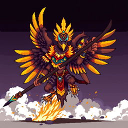 A fusion between Huitzilopochtli, the Mexica god of war, and a Tengu, the winged creature from Japanese mythology