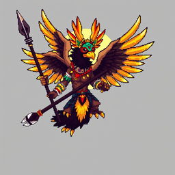 A fusion between Huitzilopochtli, the Mexica god of war, and a Tengu, the winged creature from Japanese mythology