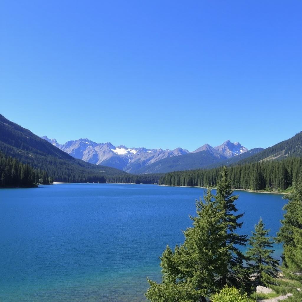 A beautiful landscape featuring a serene lake surrounded by lush green trees and mountains in the background under a clear blue sky