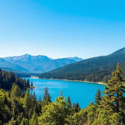 A beautiful landscape featuring a serene lake surrounded by lush green trees and mountains in the background under a clear blue sky