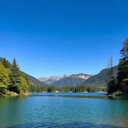 A beautiful landscape featuring a serene lake surrounded by lush green trees and mountains in the background under a clear blue sky