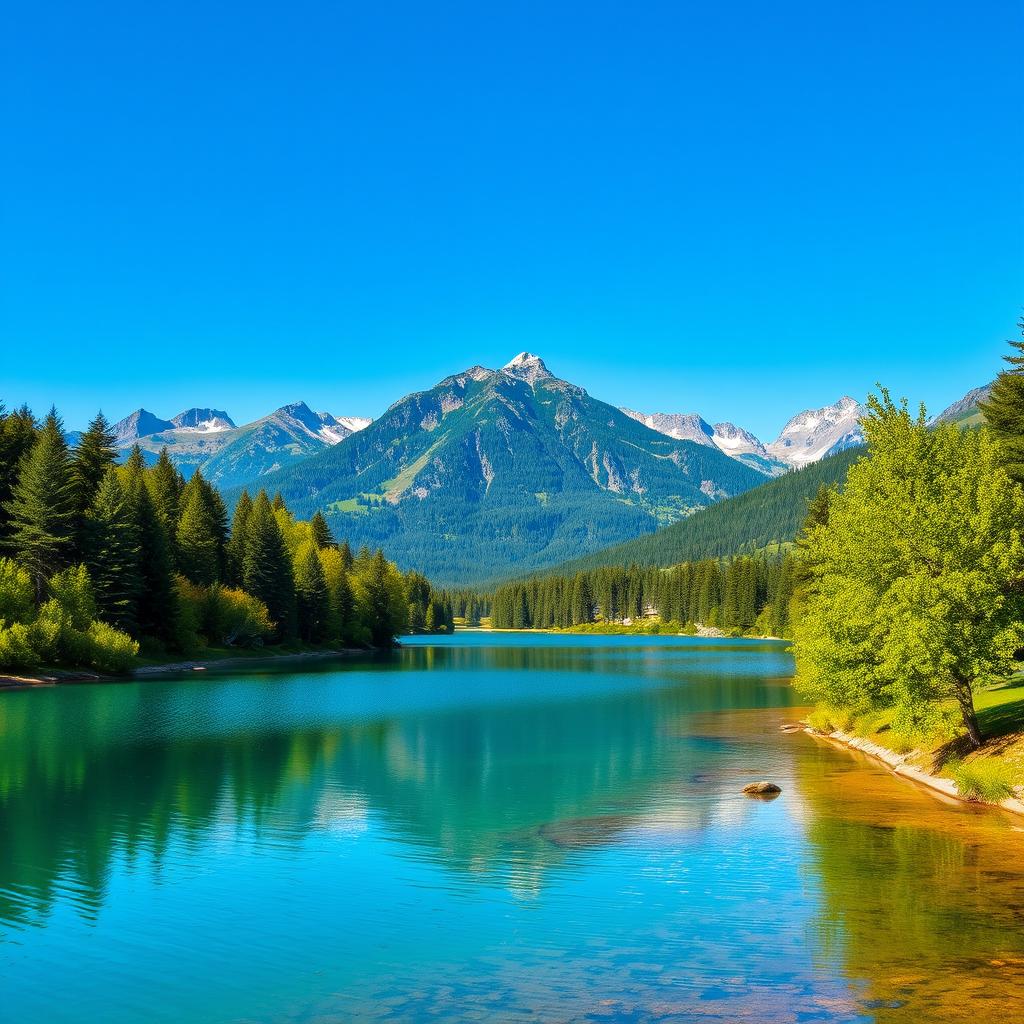 A beautiful landscape featuring a serene lake surrounded by lush green trees and mountains in the background under a clear blue sky