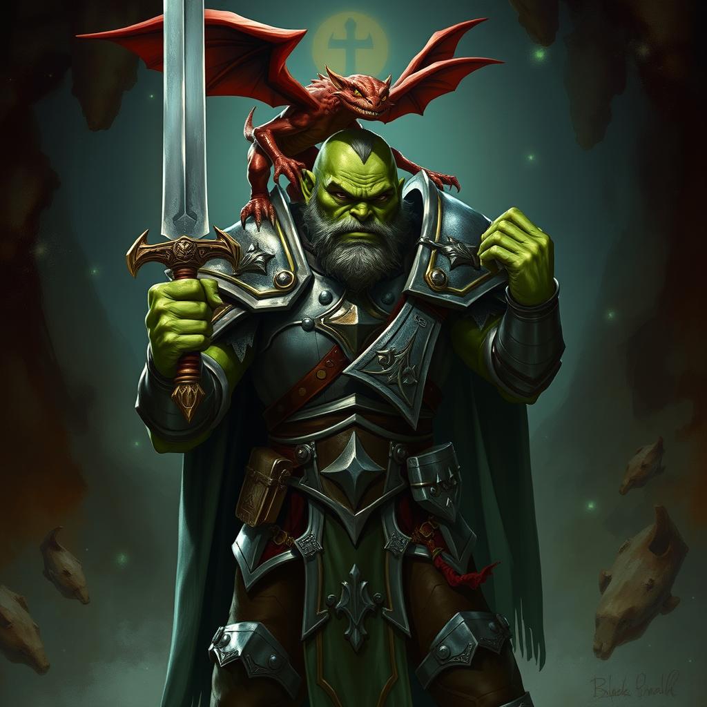 A 7-foot tall green-skinned half-orc paladin standing proudly in shining armor, exuding strength and bravery