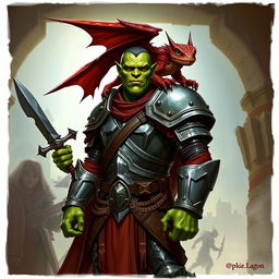 A 7-foot tall green-skinned half-orc paladin standing fearlessly with a dark red, lizard-like winged kobold on his shoulder