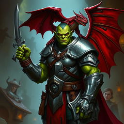 A 7-foot tall green-skinned half-orc paladin standing fearlessly with a dark red, lizard-like winged kobold on his shoulder