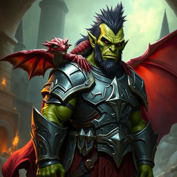 A 7-foot tall green-skinned half-orc paladin standing fearlessly with a dark red, lizard-like winged kobold on his shoulder